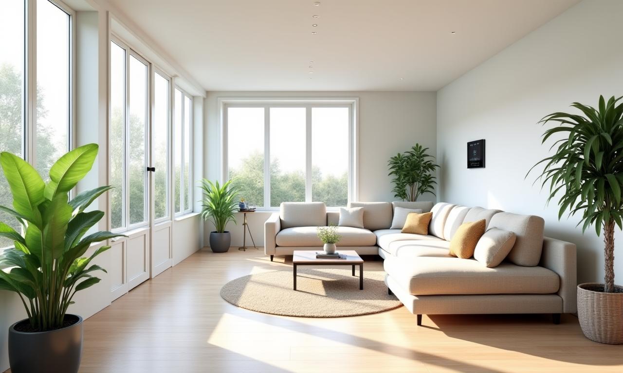 A bright, modern living room with subtle smart home tech, comfortable furniture, and lush green plants.