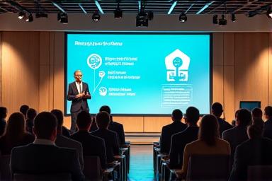 A speaker presenting on energy-efficient home solutions to an attentive audience.