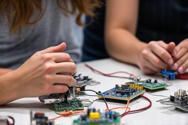 Workshop attendees building circuitry for smart home devices, guided by an instructor.