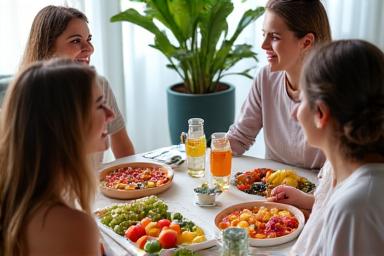 People enjoying healthy snacks and networking during a break at a wellness and sustainability event.